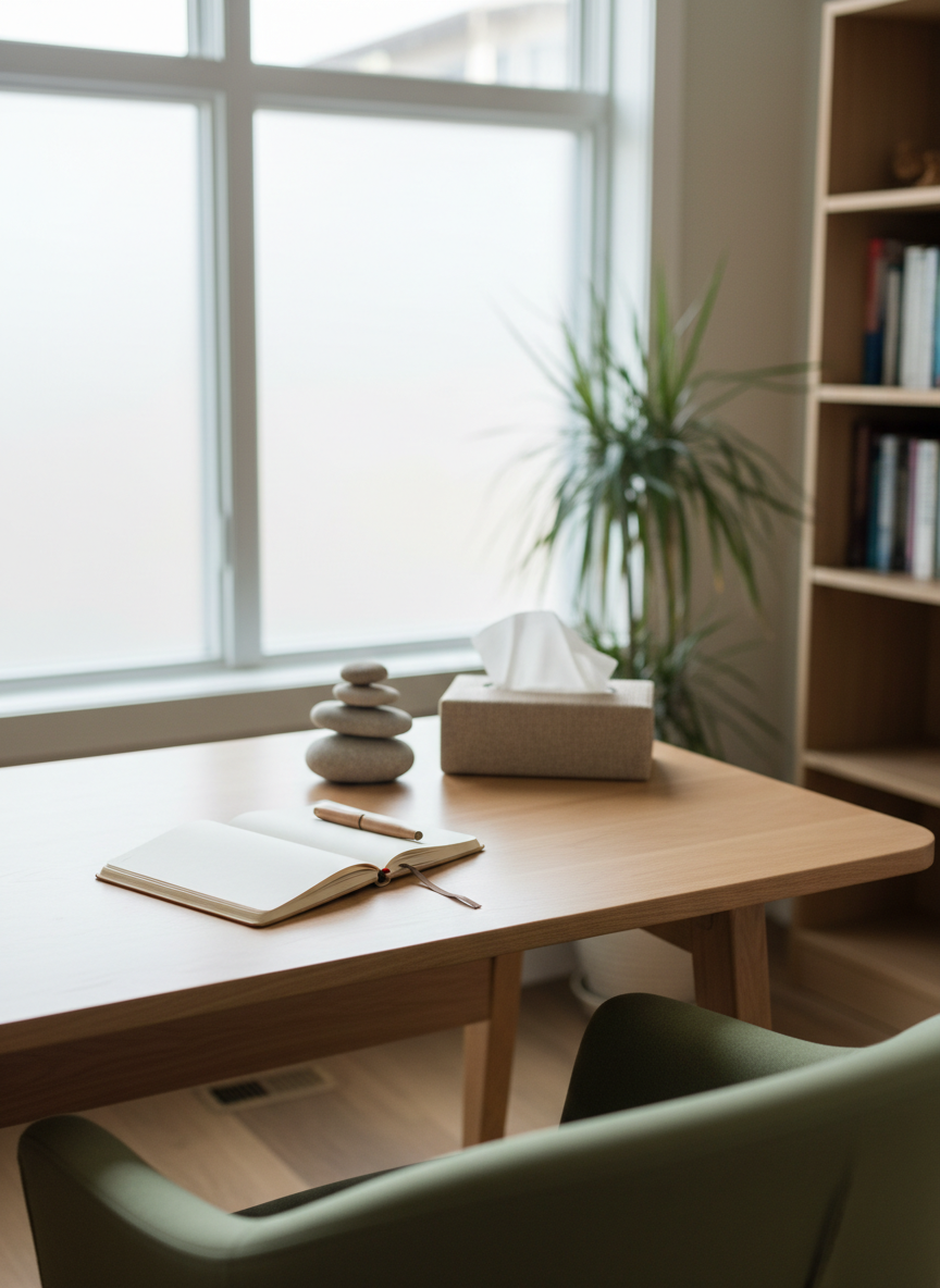 A tidy therapist’s desk made of light maple wood with rounded edges, positioned near a wide window with frosted glass that protects privacy while letting in soft daylight. On the desk sits an open leather-bound notebook, a smoothly polished wooden pen, a small, calming stone sculpture, and a discreet tissue box with a fabric cover. A soft, moss-green chair back is visible in the foreground. Natural, diffused morning light creates a serene glow without harsh contrasts. Photographic realism, shot from a slightly elevated angle with shallow depth of field, gently blurring the background bookcase and plant. The atmosphere feels organized, trustworthy, and reassuring, reflecting a thoughtful, professional counseling space.